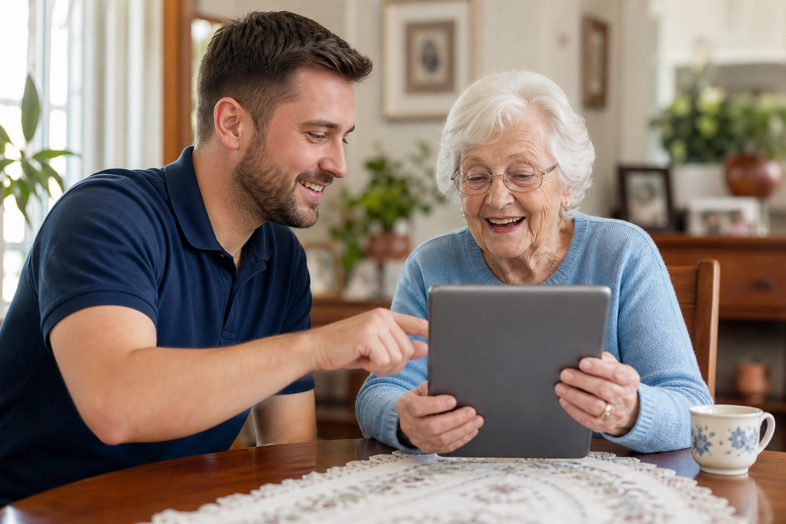A patient RPR technician helping a senior with her tablet at home
